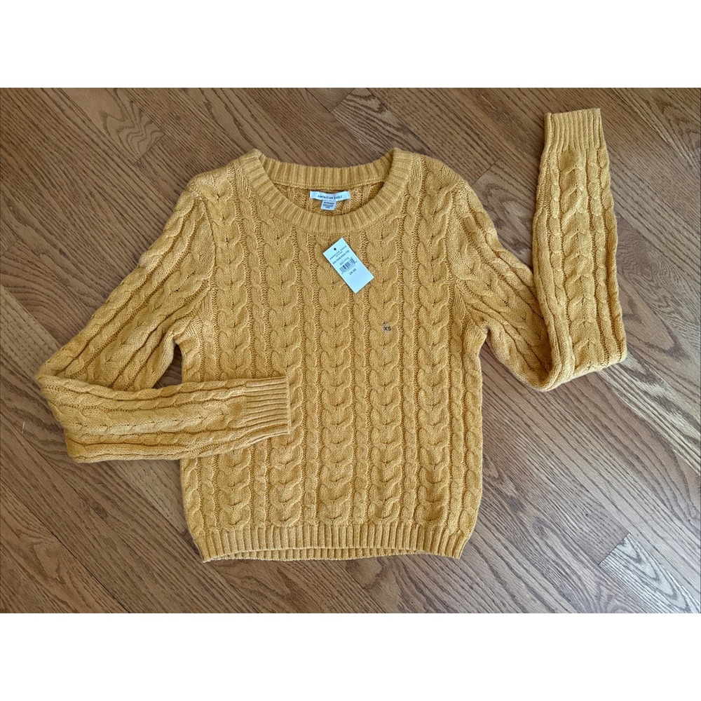 NWT American Eagle Sweater Womens XS Yellow Cable Knit Stretch Crewneck